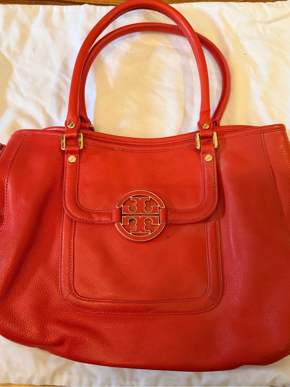 Tory Burch Red Amanda Leather Tote with Gold Logo Accents